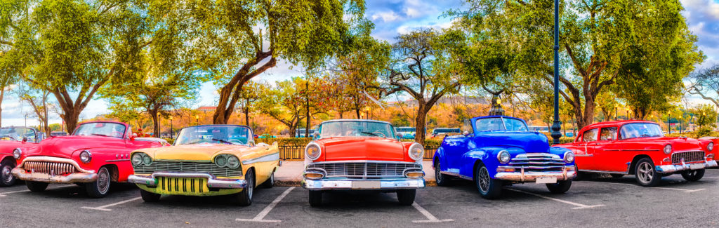 Colourful group of classic cars in Old Havana