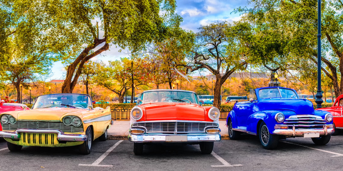 Colourful group of classic cars in Old Havana