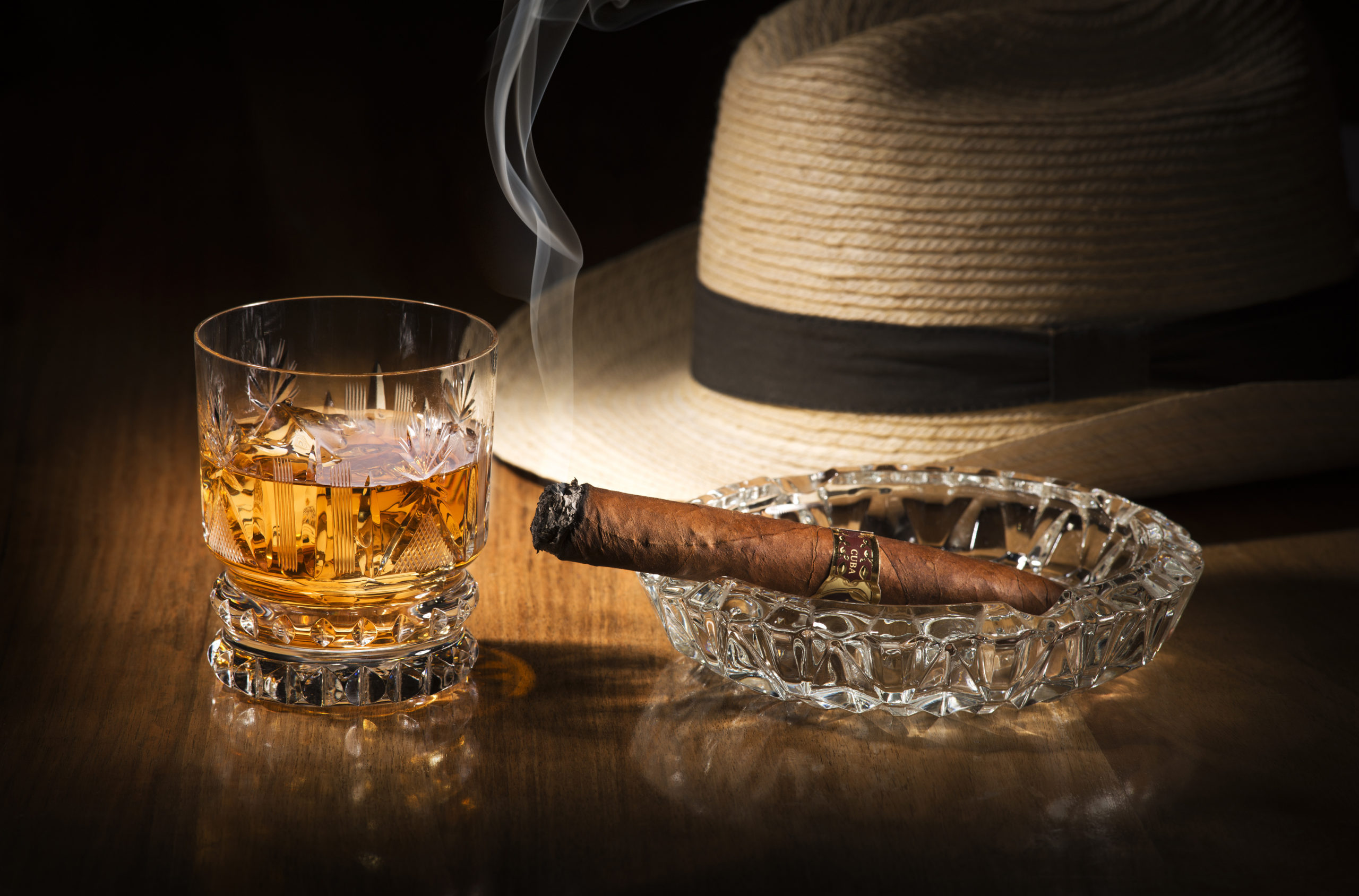 Whiskey and cigar Cuban hat and cigar